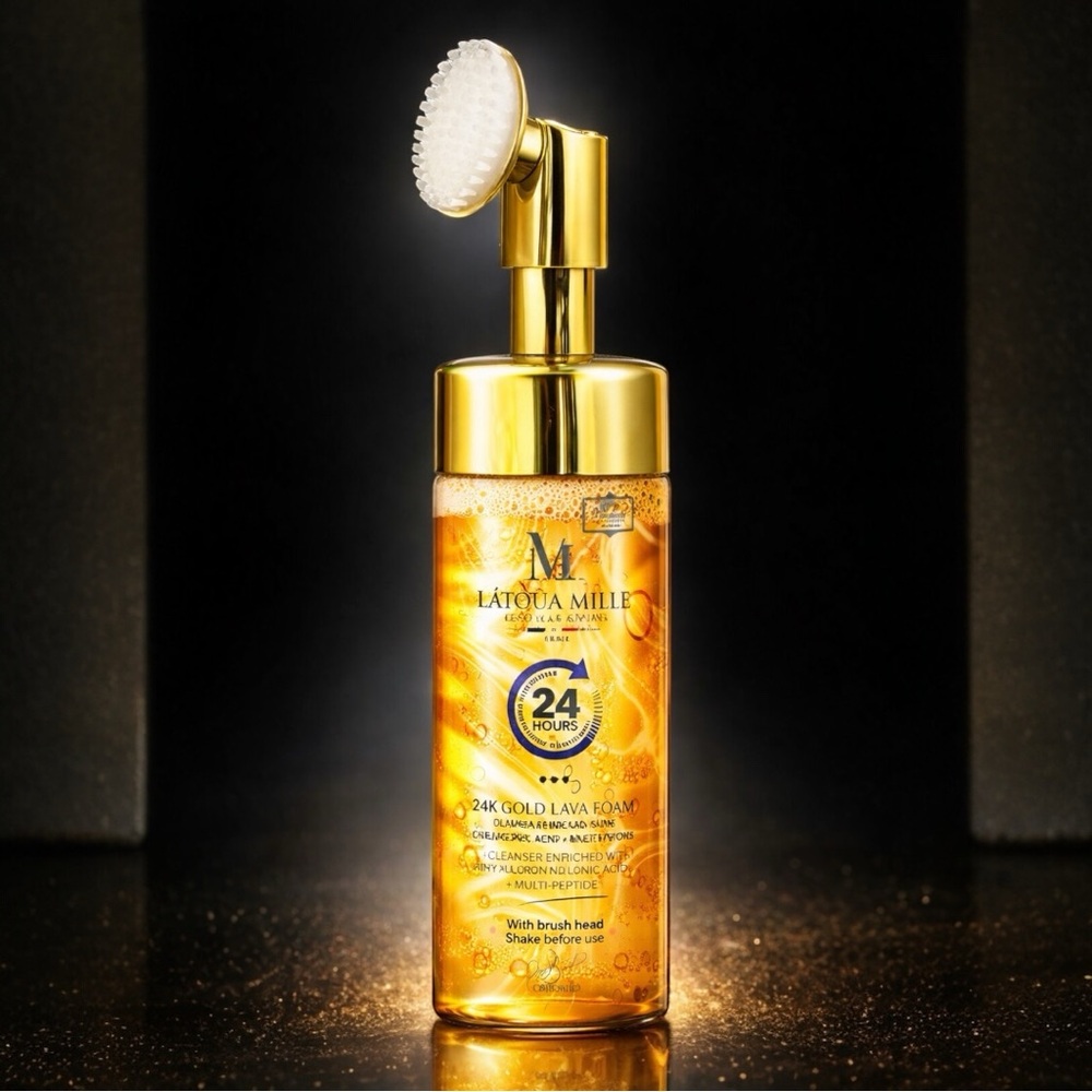 24K Gold Lava Foam Cleanser w/ Brush Head Hyaluronic Acid Multi Peptide Luxury